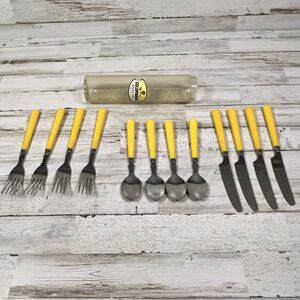 12 Piece Vintage Colorware Mid Century Modern Yellow Handle Stainless Flatware